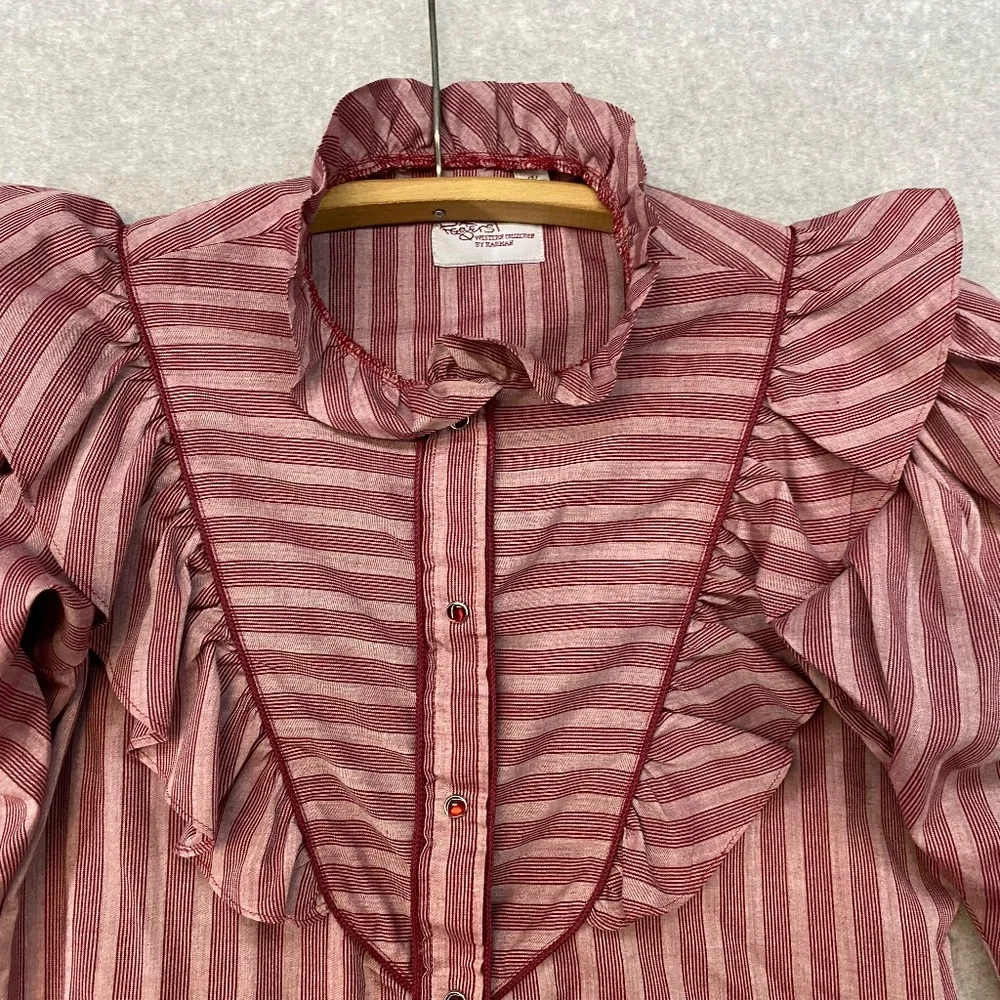 Striped Ruffle Button-Front Blouse - Dusty Rose - Picture 2 of 9